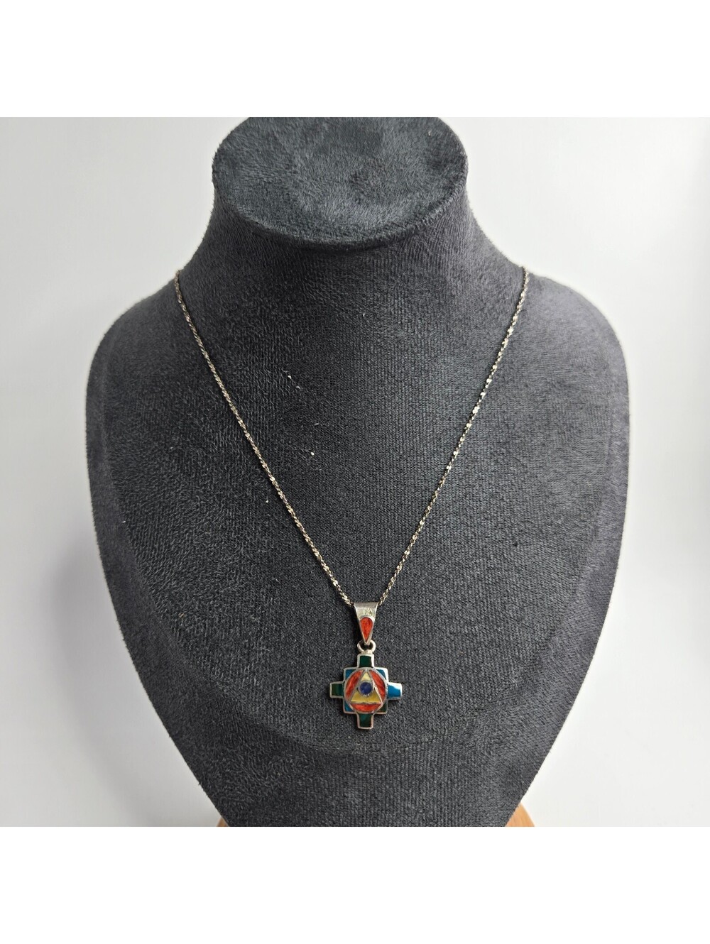 Peruvian Chakana Andean Cross 950 Silver Stone Inlay Pendant Necklace 925 chain